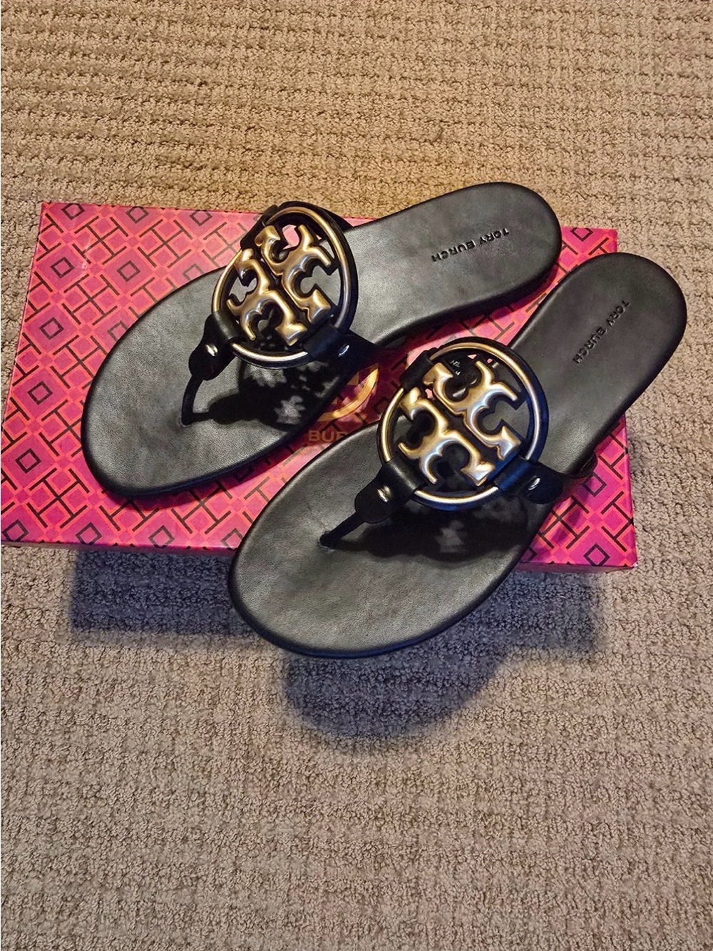 Tory Burch Black Sandals with Gold Double-T Medallions